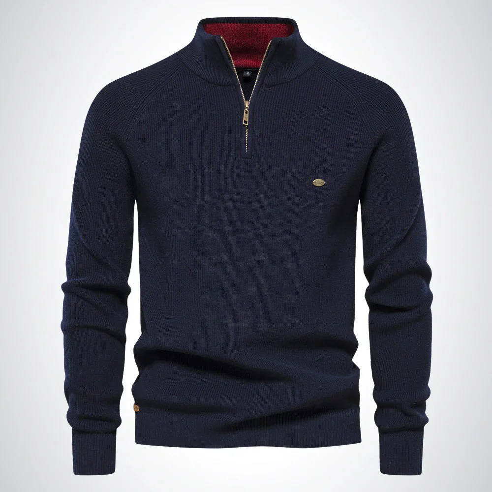 Men's gray quarter zip sweater cotton-poly blend versatile knit pullover for office and casual wear