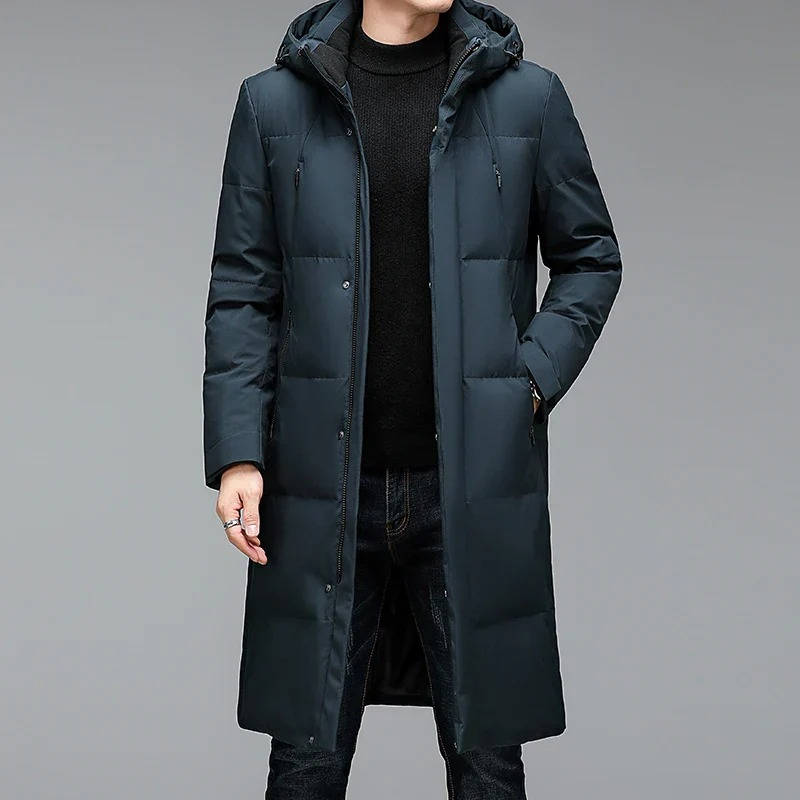 Men's black longline puffer jacket with hood, insulated slim-fit winter coat with extended coverage