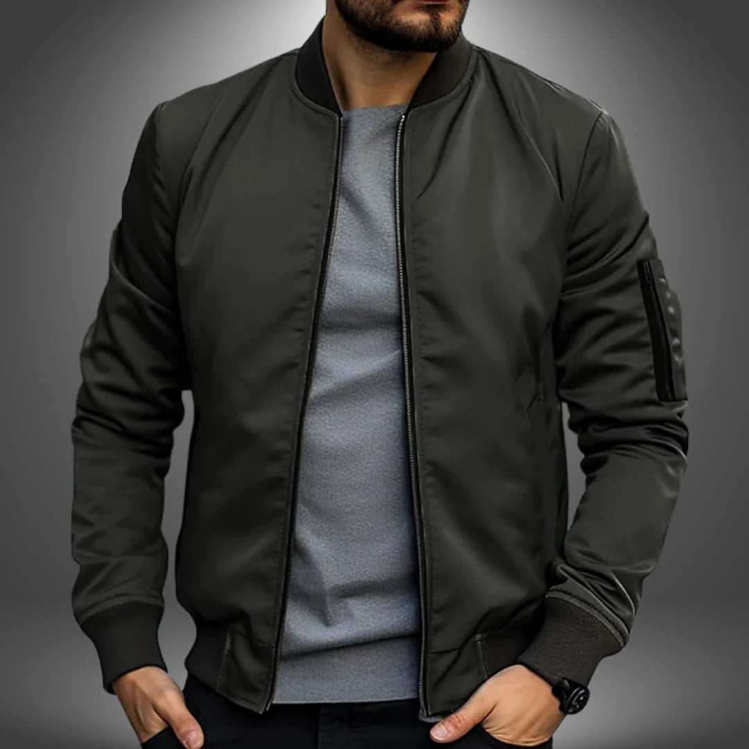 Navy men's classic bomber jacket with full-length zipper, sleek silhouette for office and weekend wear
