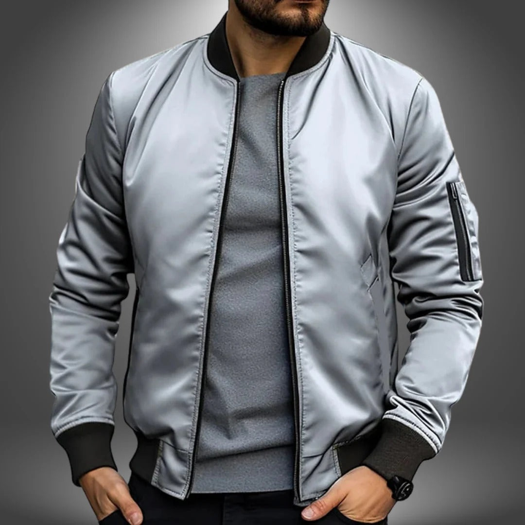 Navy blue men's classic bomber jacket with full-length zipper, sleek silhouette for office to weekend wear