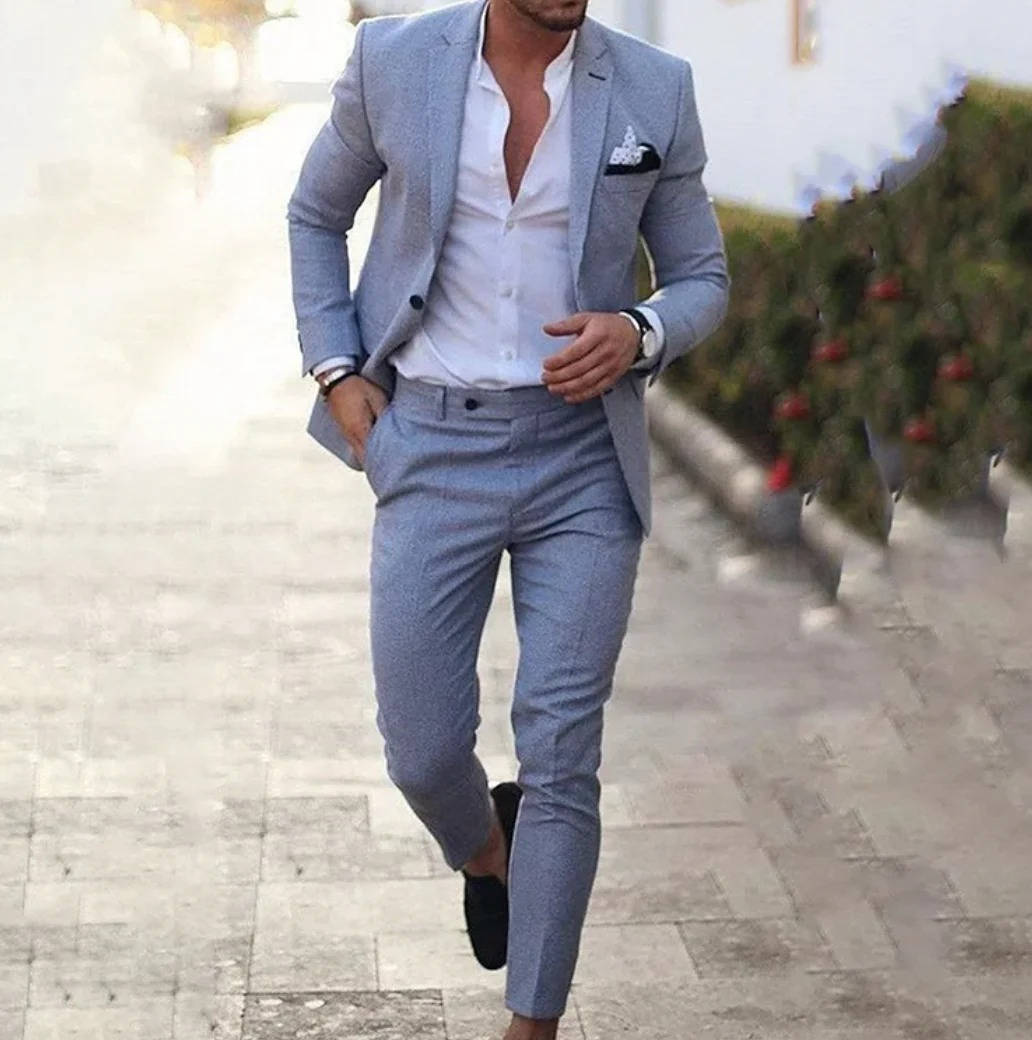 Men's navy slim fit linen suit set, breathable premium fabric for formal business wear