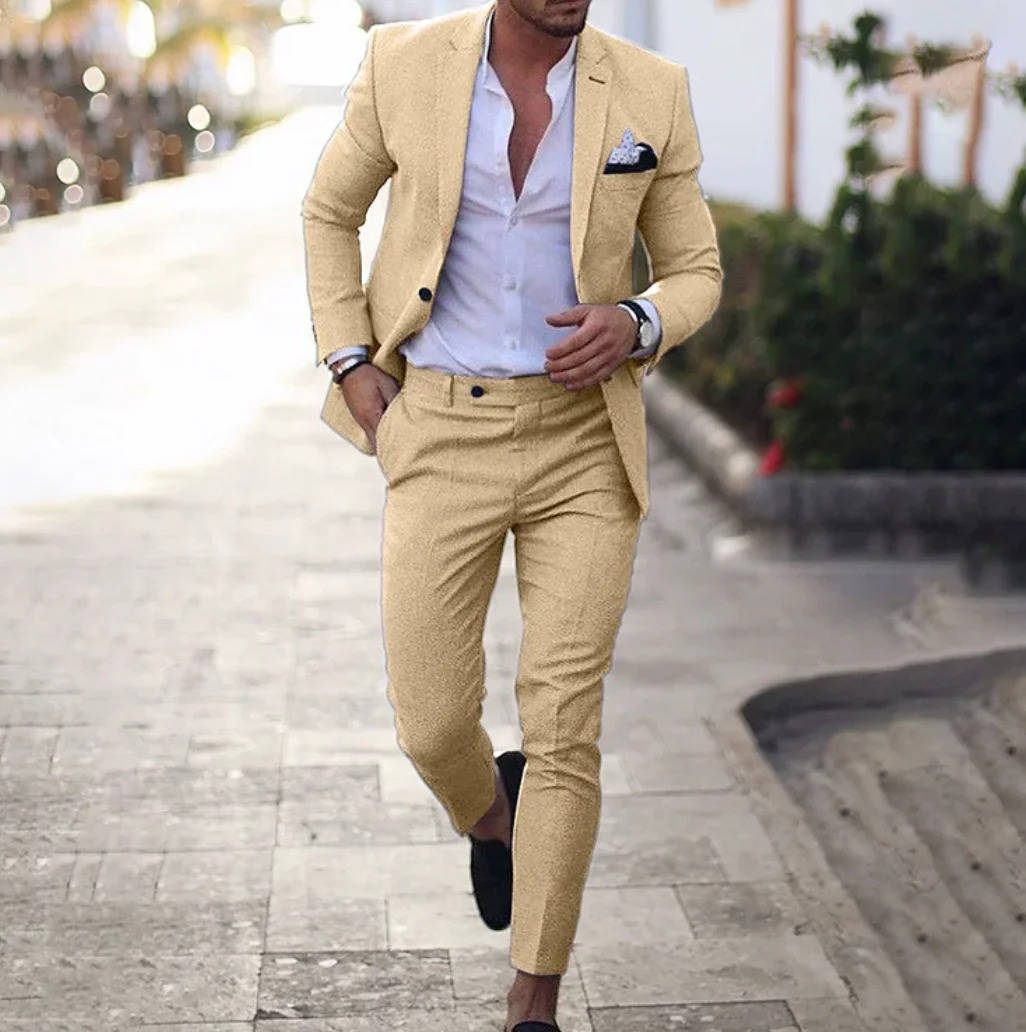 Men's navy slim fit linen suit set, breathable premium fabric for formal business wear