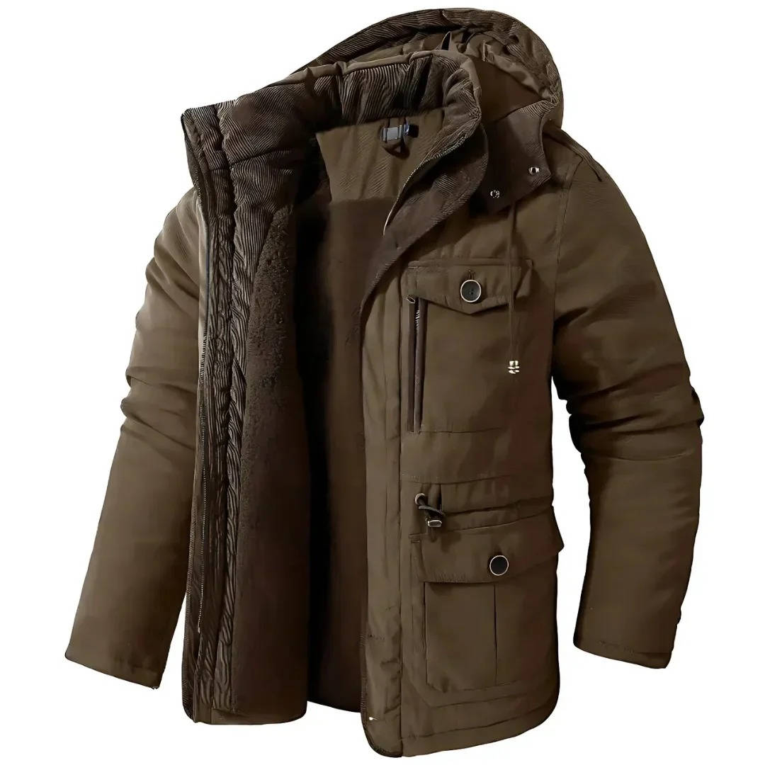 Men's insulated winter parka jacket with hood, windproof polyester-cotton blend for cold weather outdoors