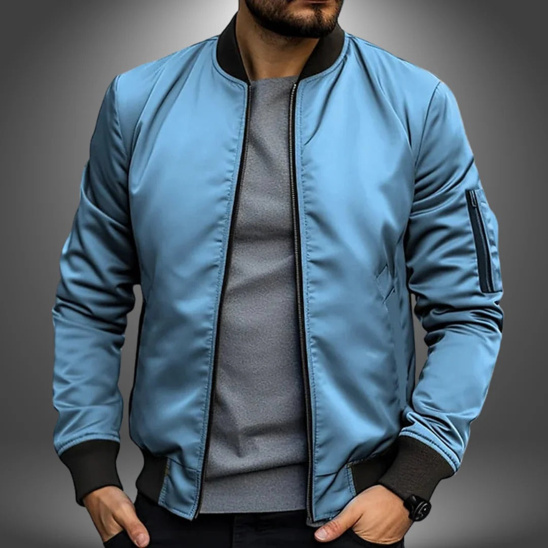 Men's navy classic bomber jacket full-zip closure sleek silhouette office-to-weekend versatile wear