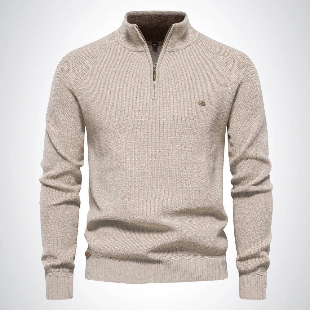 Men's navy quarter zip sweater cotton-poly blend slim fit knit ideal for office and casual wear
