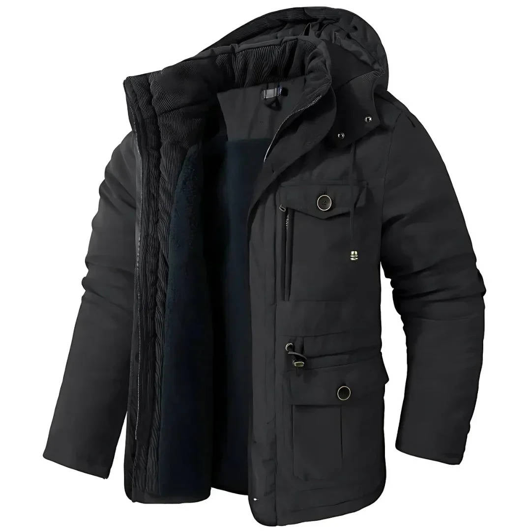 Men's insulated winter parka jacket with hood, windproof polyester-cotton blend for cold weather outdoors