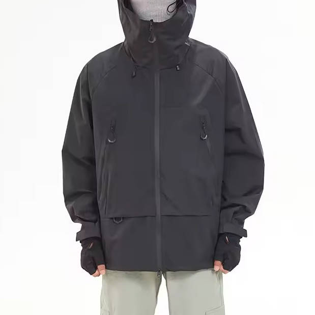 Men's waterproof hiking rain shell jacket with hood and front zipper pockets, urban outdoor style
