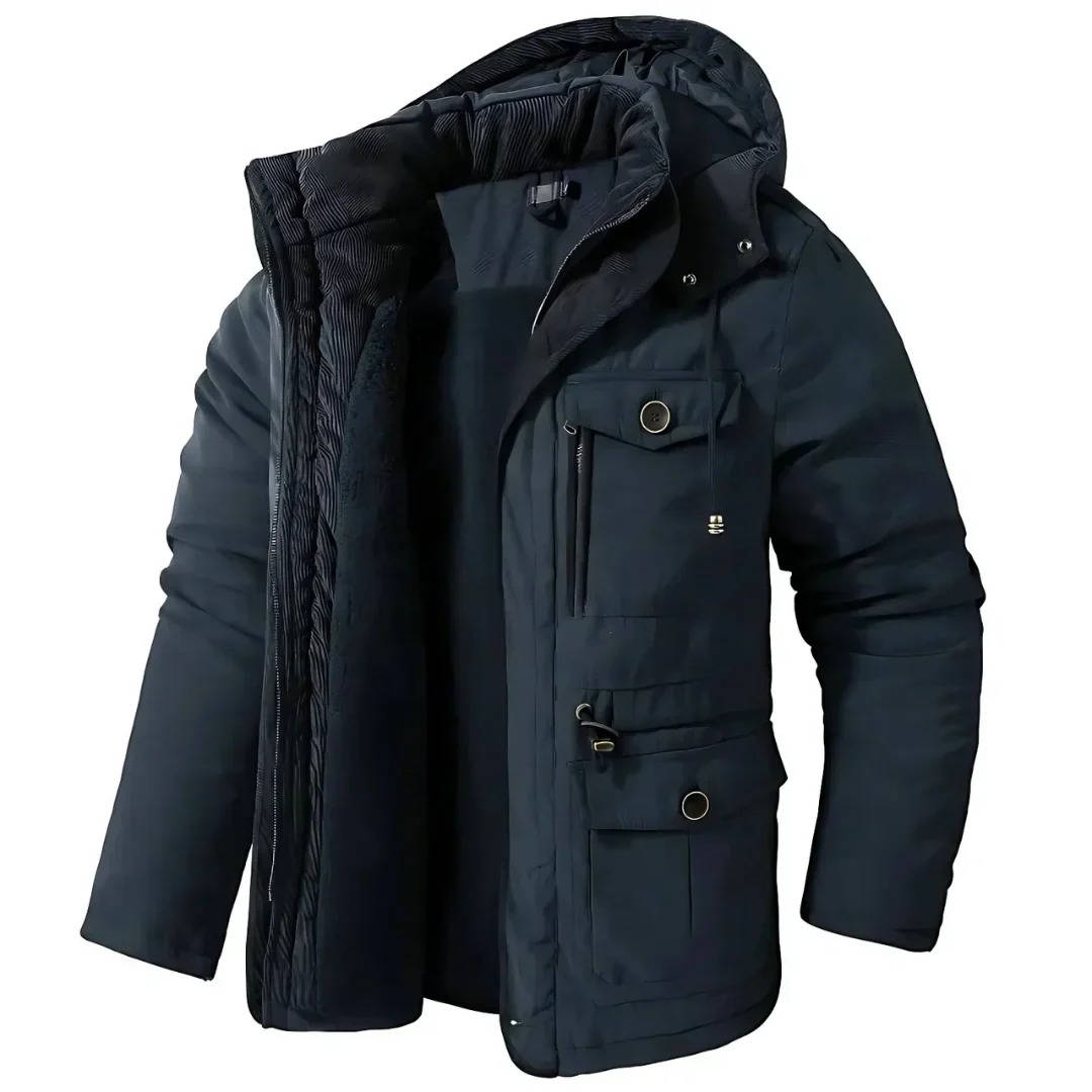 Men's insulated winter parka jacket with hood, windproof polyester-cotton blend for cold weather outdoors