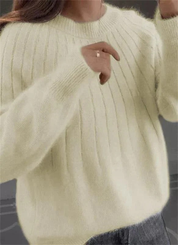 Women's cropped mohair-cashmere ribbed knit pullover sweater cozy everyday workwear stretch fit