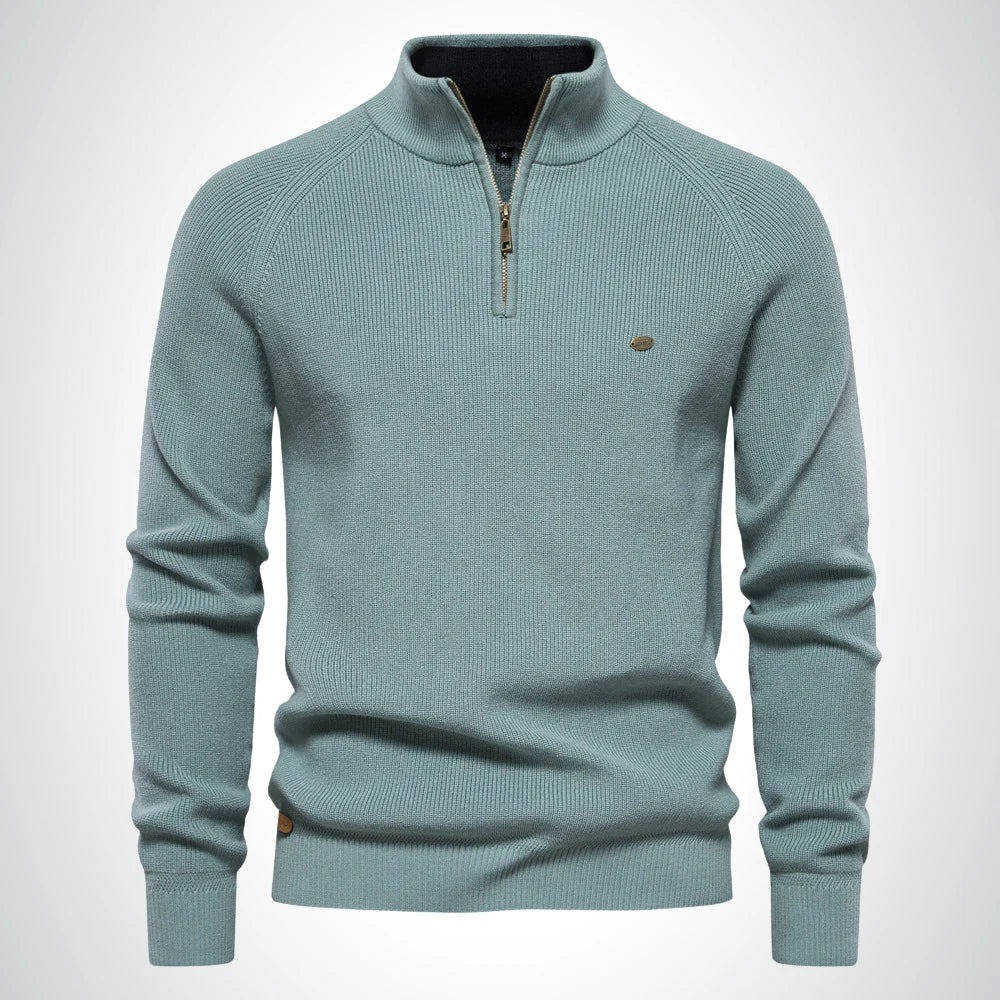 Men's navy quarter zip sweater cotton-poly blend slim fit knit perfect for office and casual wear