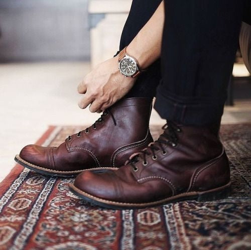Men's brown vintage brogue lace-up boots premium PU leather durable perforated moccasin style