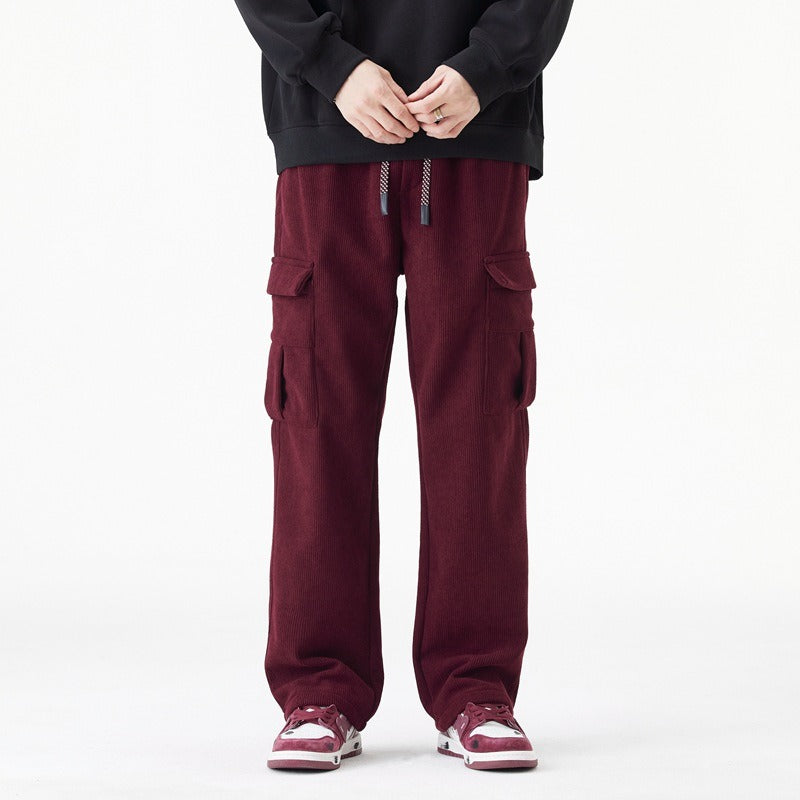 Men's ribbed cargo pants relaxed wide-leg fit elastic drawstring waist urban casual style
