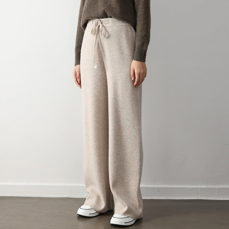 Women's wide-leg knit pants relaxed fit ribbed texture elastic drawstring waist all-day comfort