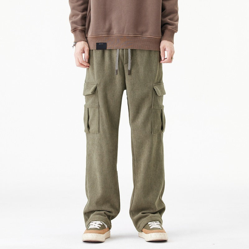 Men's olive cargo pants relaxed wide-leg ribbed texture elastic drawstring waist urban fit