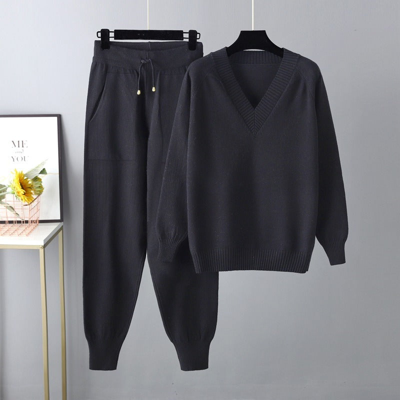 Women's fine knit two-piece set V-neck relaxed fit coordinated matching top and bottom elegant style