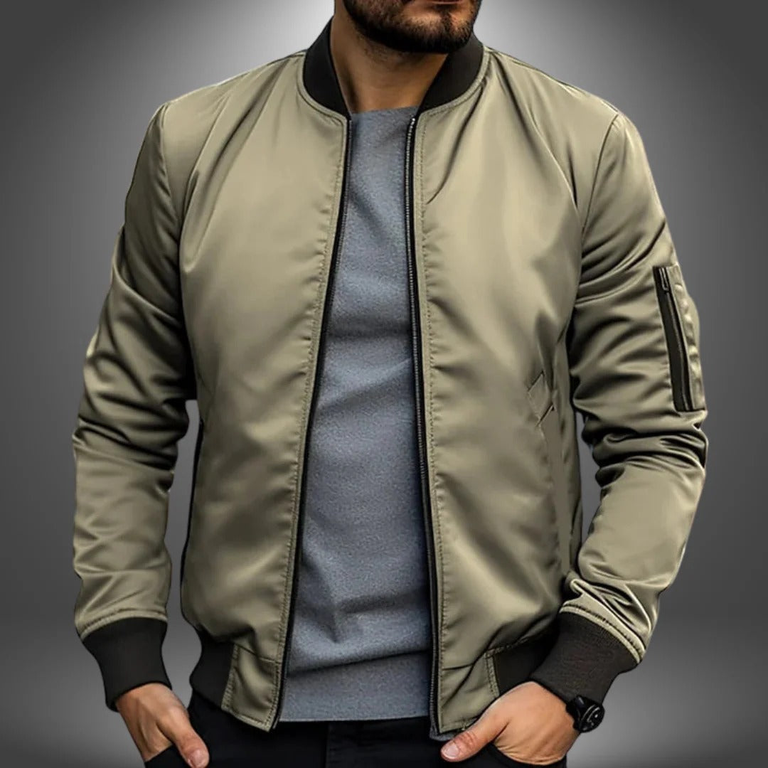 Navy blue men's classic bomber jacket with full-length zipper, streamlined silhouette for office to weekend wear