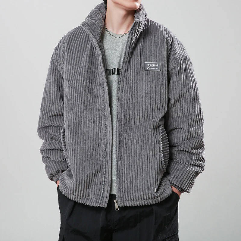 Men's brown corduroy puffer jacket warm insulated coat with plush polyester fill daily wear