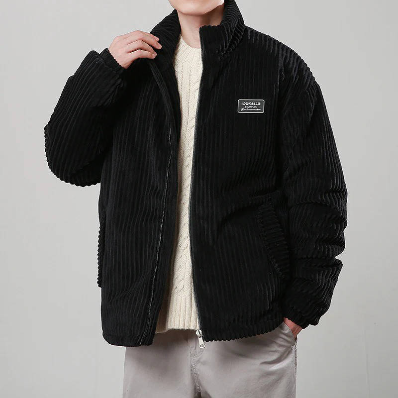 Men's brown corduroy puffer jacket warm insulated coat with plush polyester fill daily wear