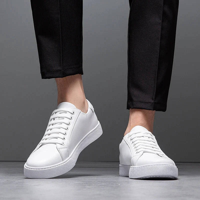 Men's low-top genuine leather sneakers in classic neutral tones with sleek profile and premium textured upper
