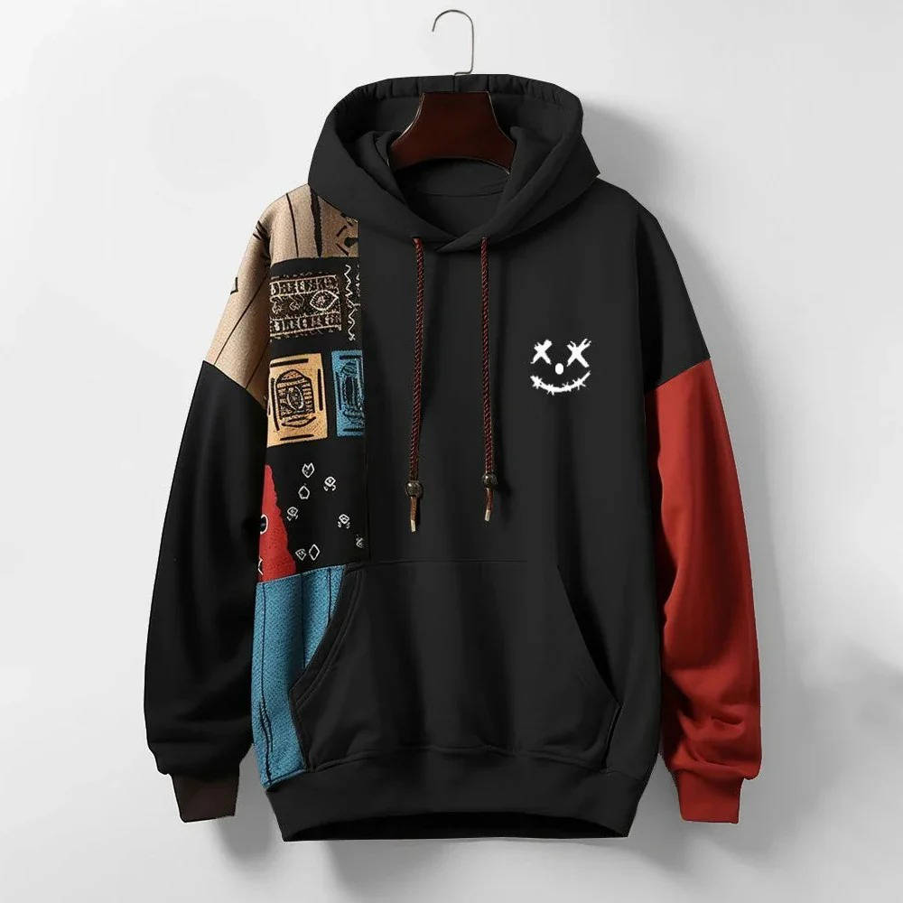 Bold streetwear hoodie with vibrant 3D ethnic patchwork, premium cotton blend, eye-catching urban style
