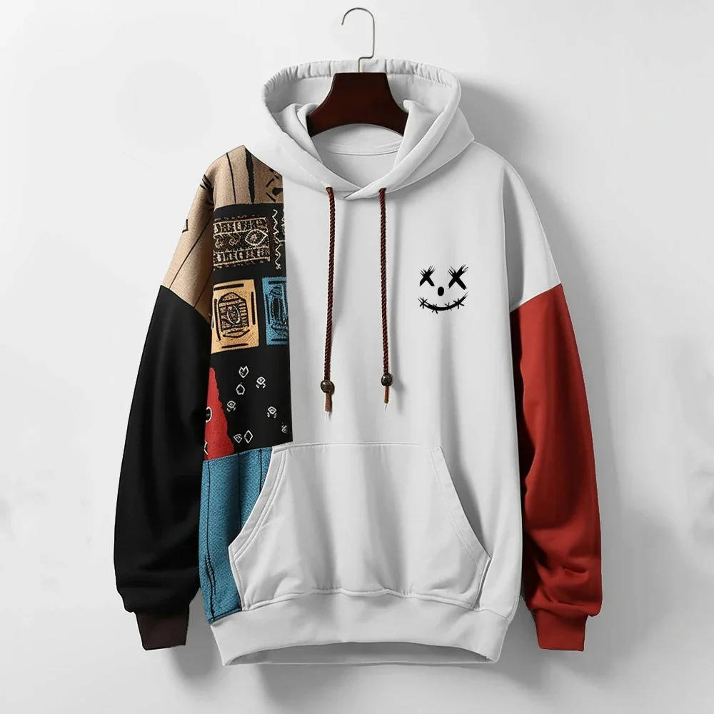 Bold streetwear hoodie with vibrant 3D ethnic patchwork, premium cotton blend, eye-catching urban style