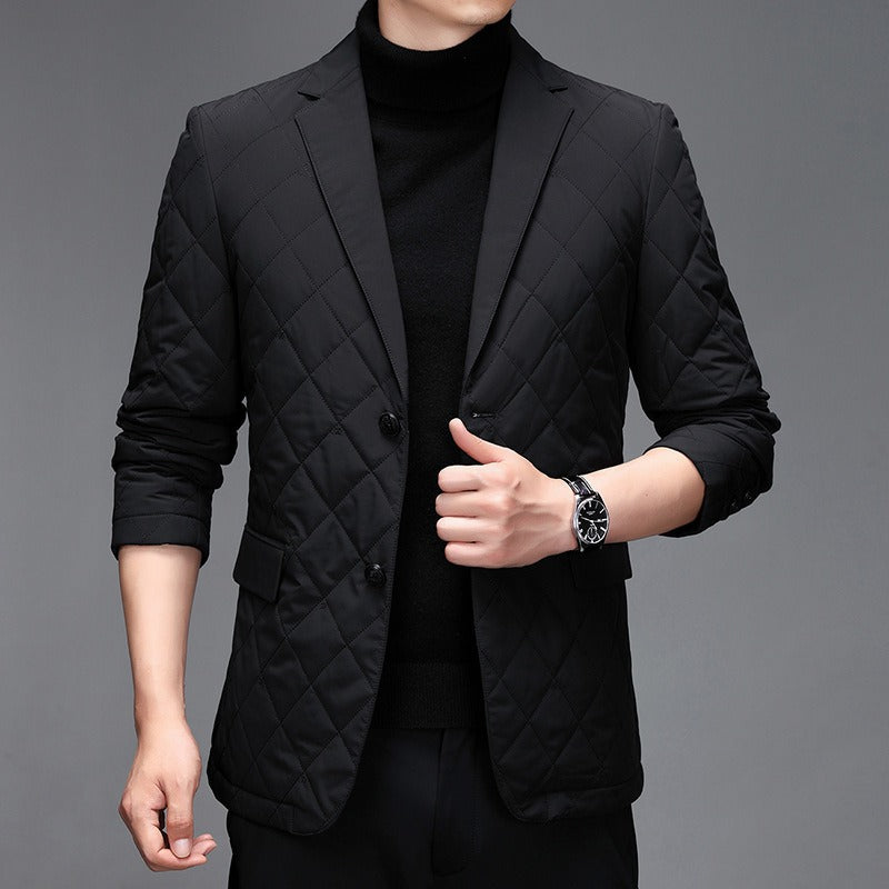 Men's quilted slim fit blazer jacket notched lapel smart casual office texture contemporary silhouette