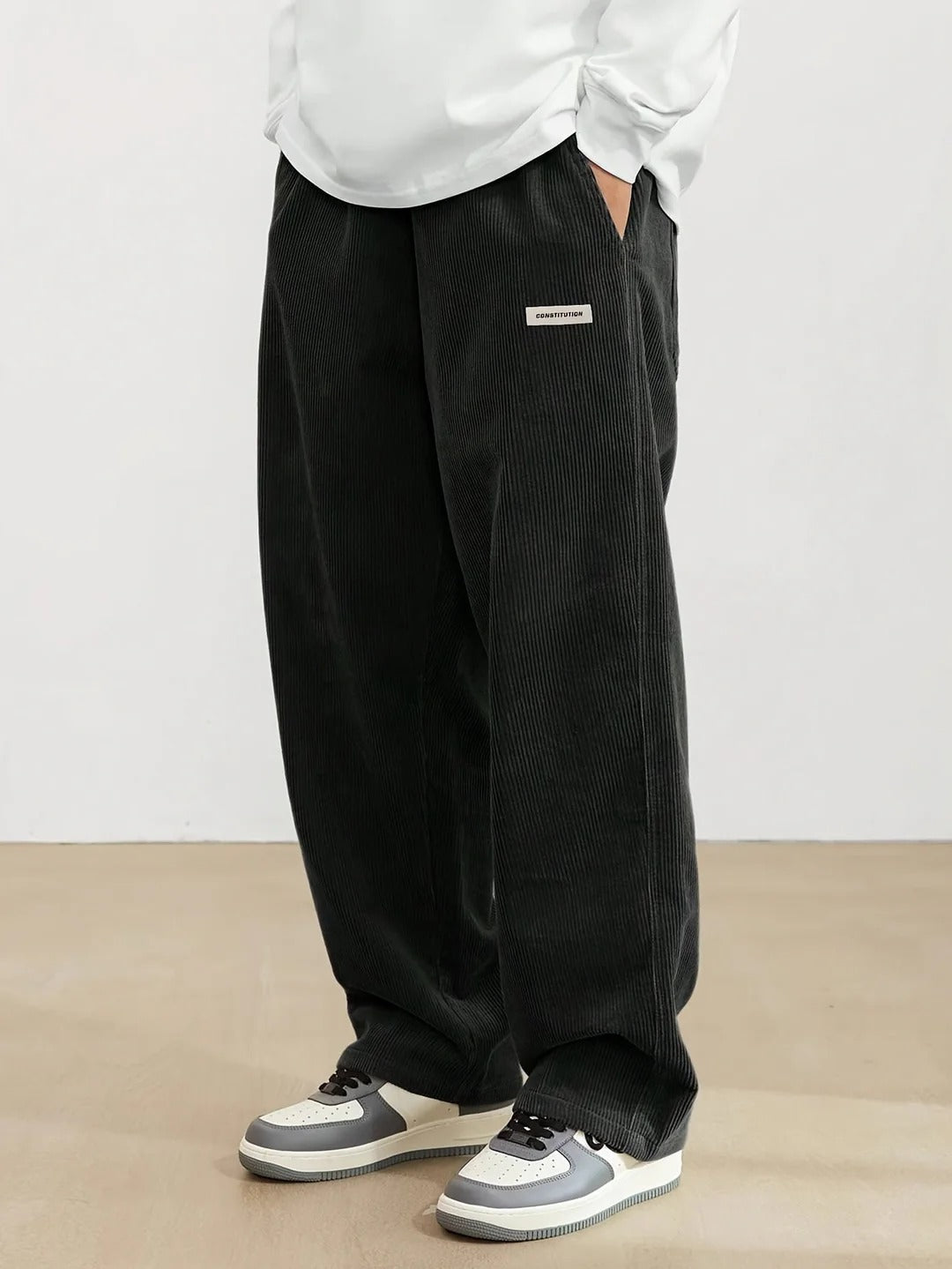 Men's loose fit wide leg corduroy pants with side pockets, casual full length style for all-day comfort