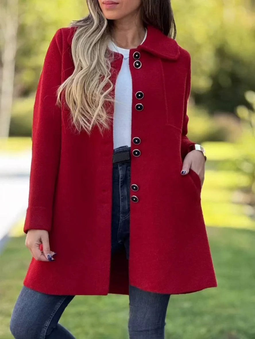 Women's camel wool blend knee-length coat relaxed fit rounded lapel collar smart-casual style