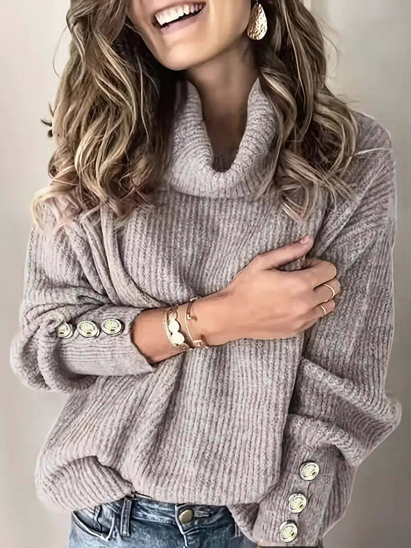 Women's winter ribbed cowl neck sweater in cozy knit with draped neckline for chic everyday style