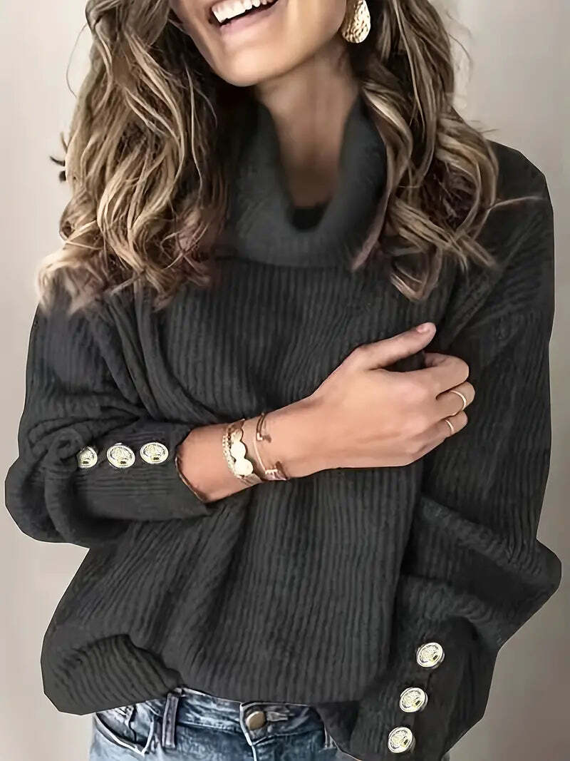 Women's ribbed cowl neck sweater in cozy winter knit with draped neckline for chic everyday style
