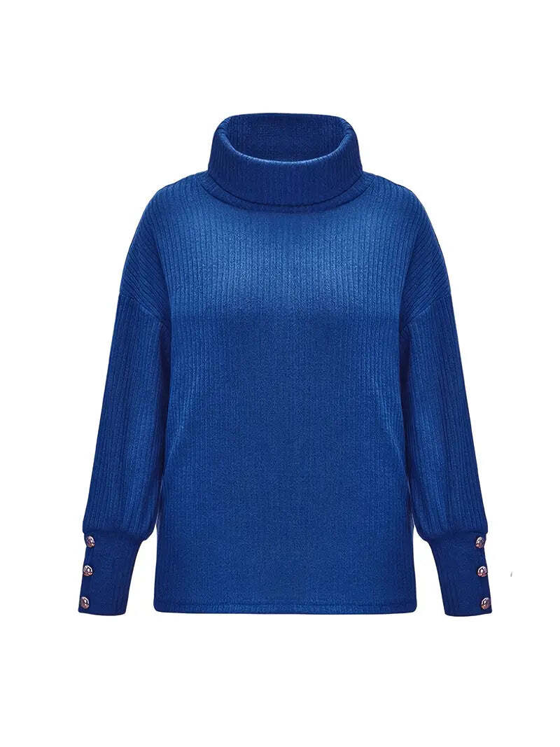 Women's ribbed cowl neck sweater in cozy winter knit with draped neckline for chic everyday style