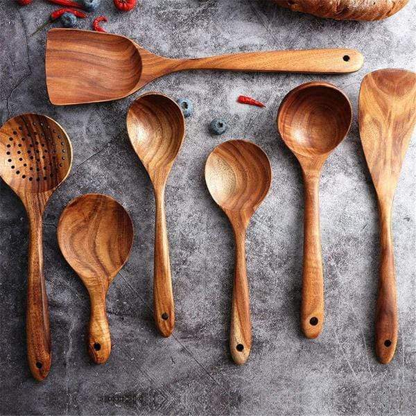 Teak Wooden Cooking Utensil Set With Ergonomic Handles - Urbann-Vibe