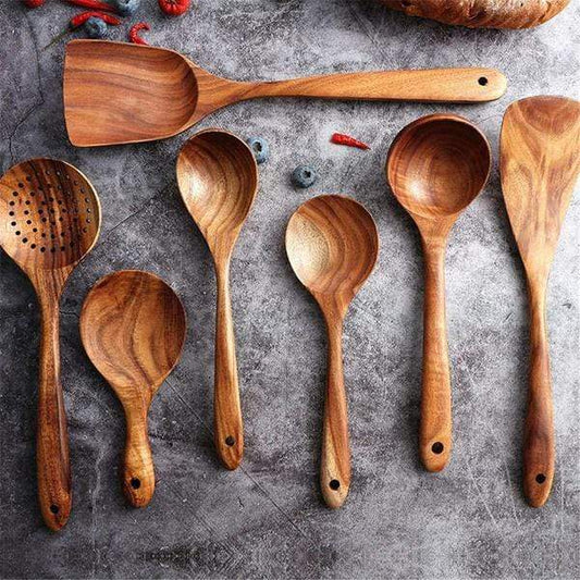 Teak Wooden Cooking Utensil Set With Ergonomic Handles - Urbann-Vibe
