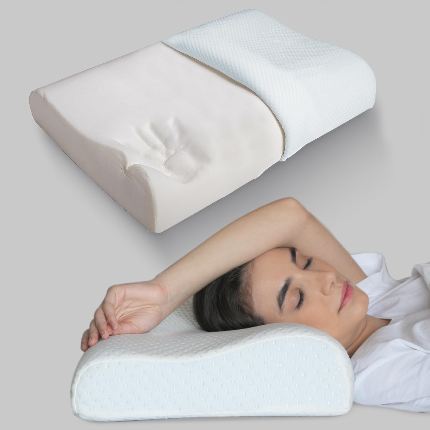 Contoured memory foam pillow dual-height ergonomic neck alignment support for side sleepers