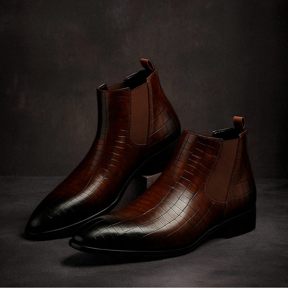 Men's black crocodile embossed Chelsea boots with streamlined fit and elastic side panels