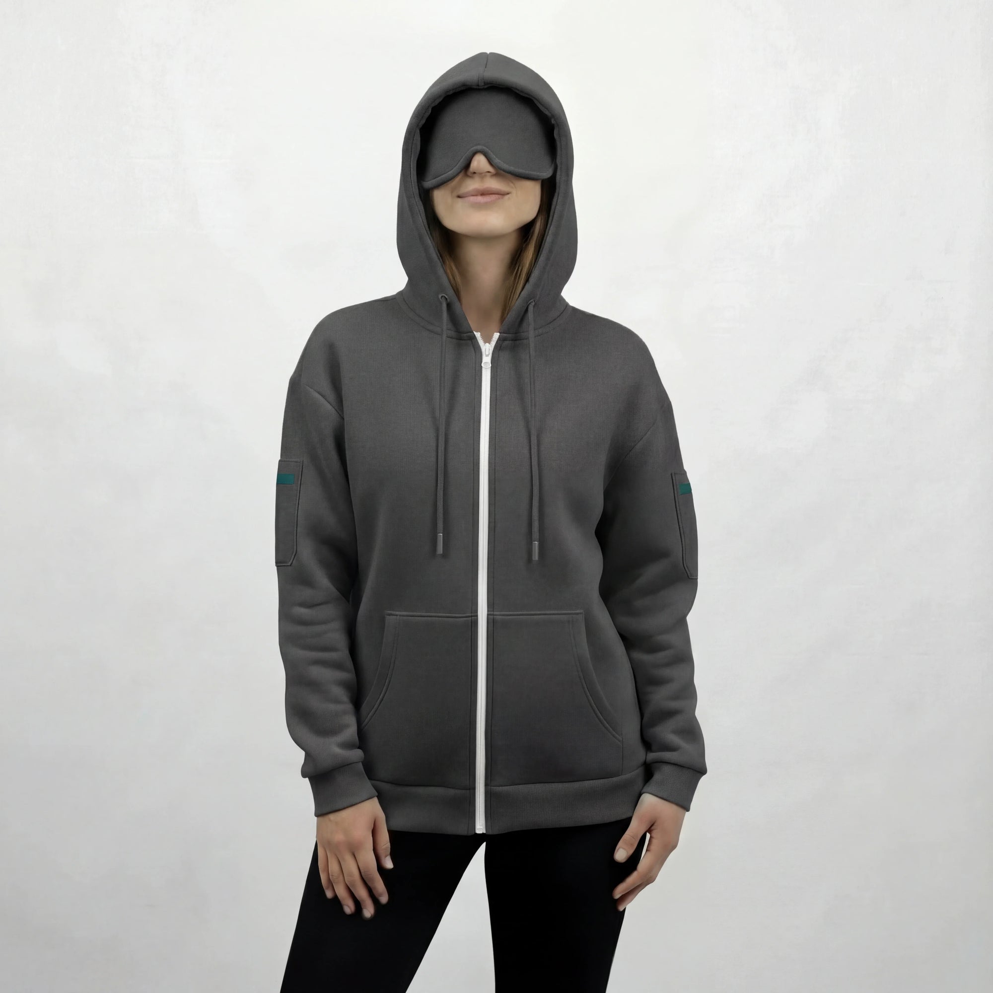 Gray travel hoodie with built-in eye mask hood, cozy oversized fit for frequent flyers
