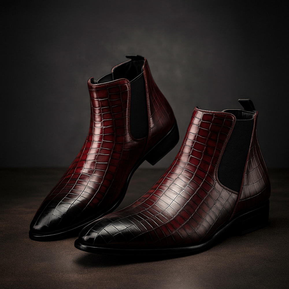 Men's black crocodile embossed Chelsea boots with streamlined fit and elastic side panels