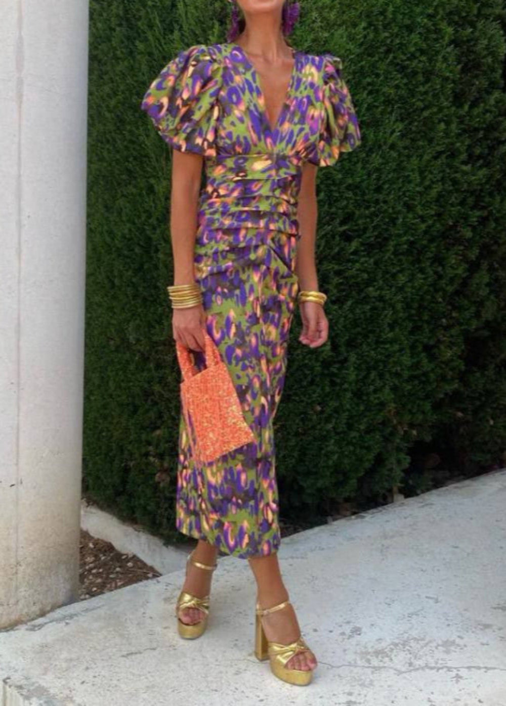 Vibrant multicolor puff sleeve dress with gathered waist and V-neckline for bold occasion wear