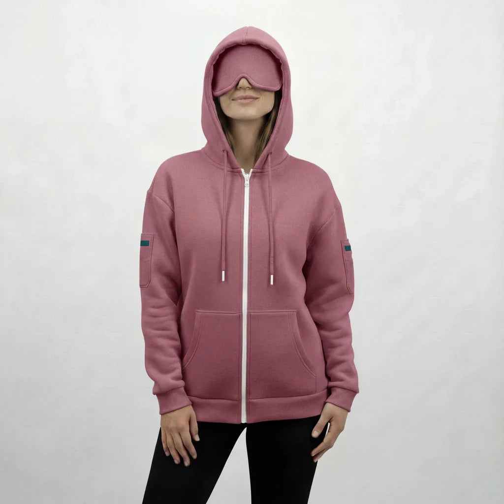 Gray travel hoodie with built-in eye mask hood, designed for ultimate comfort during long-haul flights