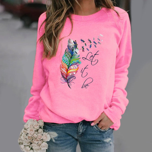 Women's relaxed fit crew neck sweatshirt with feather print and text graphic detail