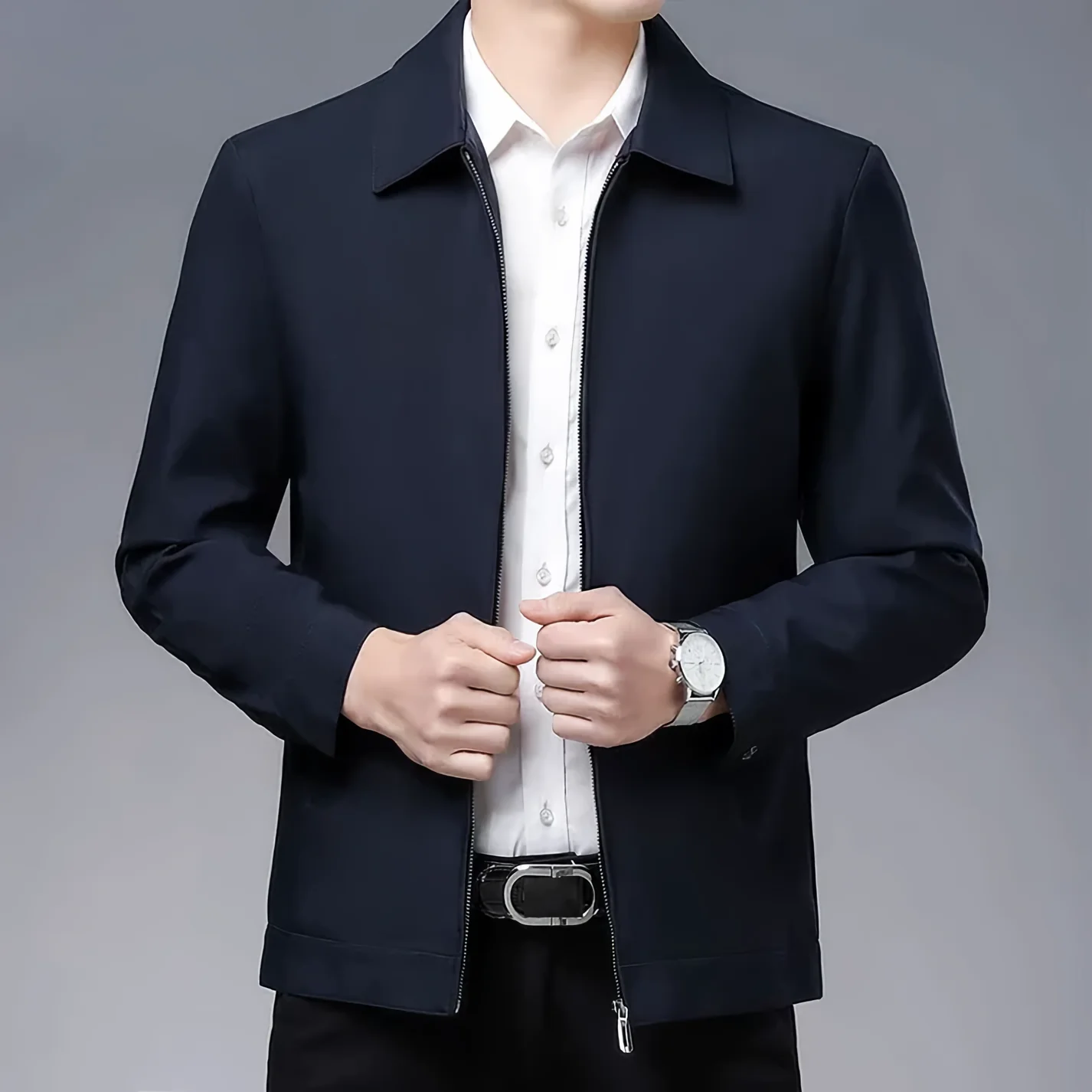 Men's wool blend tailored fit jacket hip-length zip closure refined silhouette for professionals