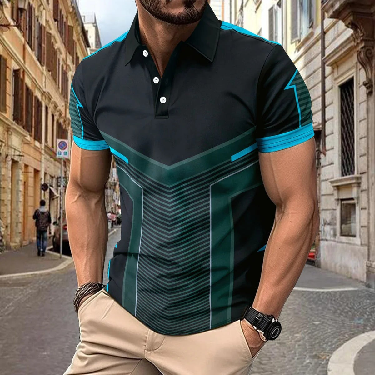 Men's slim fit breathable knit polo shirt with geometric print pattern, short sleeve casual style