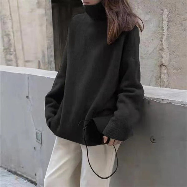 Women's oversized turtleneck sweater soft wool ribbed cuffs hem cozy relaxed fit