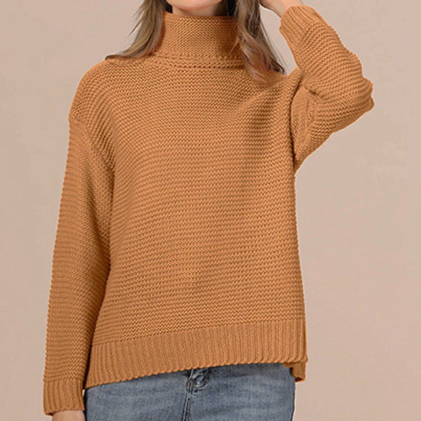 Women's chunky wool blend turtleneck sweater relaxed fit cozy knit everyday style