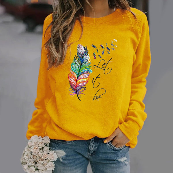 Women's relaxed fit crew neck sweatshirt with feather print and text graphic detail