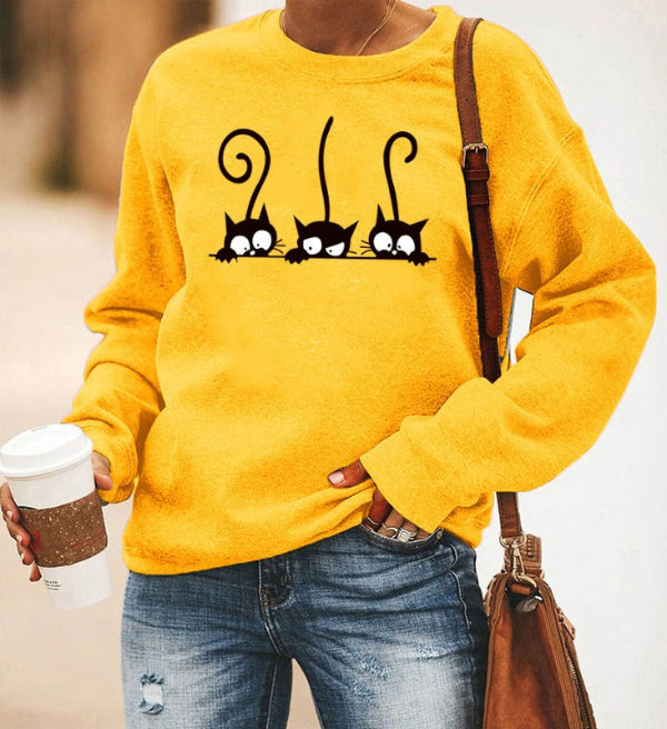 Women's oversized crewneck sweatshirt beige cotton blend with playful cat print casual cozy fit