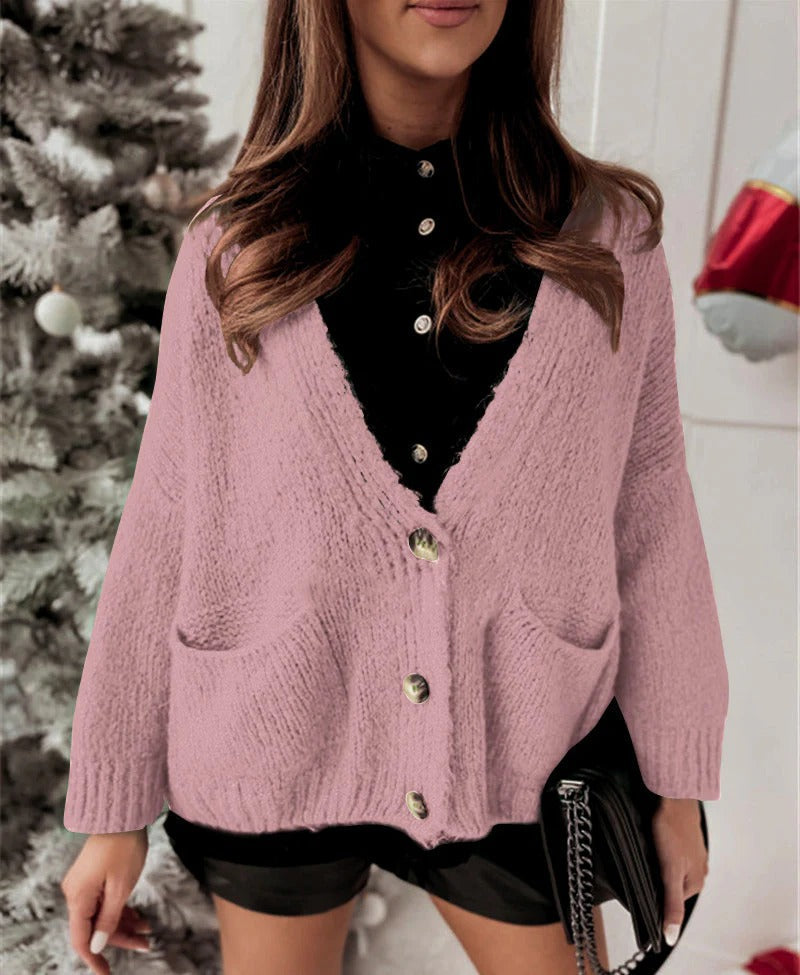 Women's oversized chunky knit cardigan, V-neck button closure with pockets, cozy everyday style