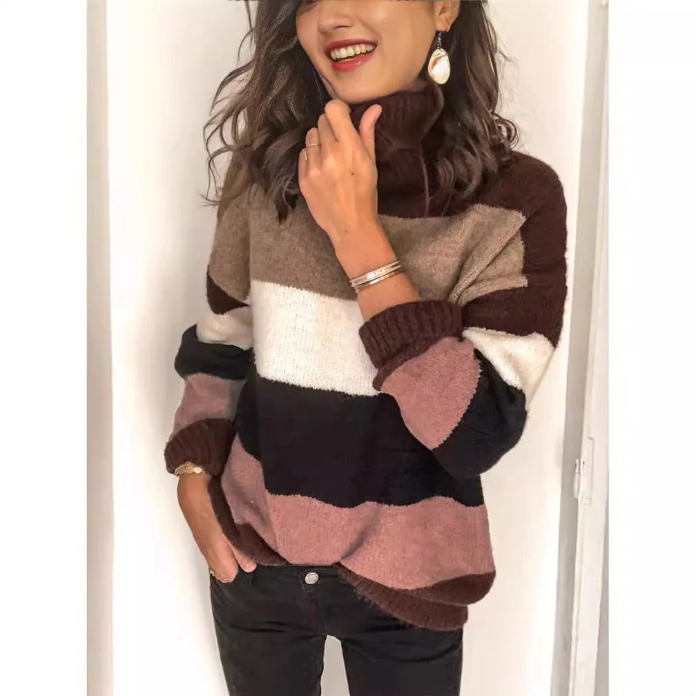 Women's striped wool knit turtleneck sweater relaxed fit hip-length cozy fall style
