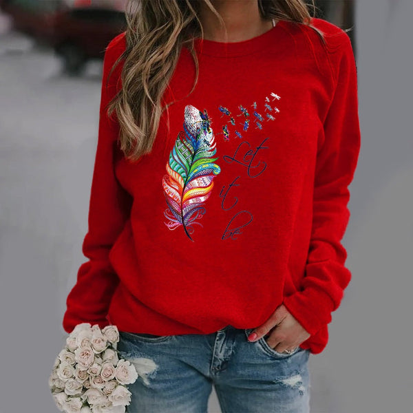 Women's relaxed fit crew neck sweatshirt in cotton blend with subtle feather print long sleeve design