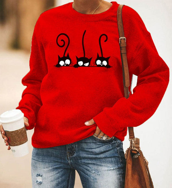 Women's oversized relaxed sweatshirt soft cotton blend with playful cat print casual streetwear